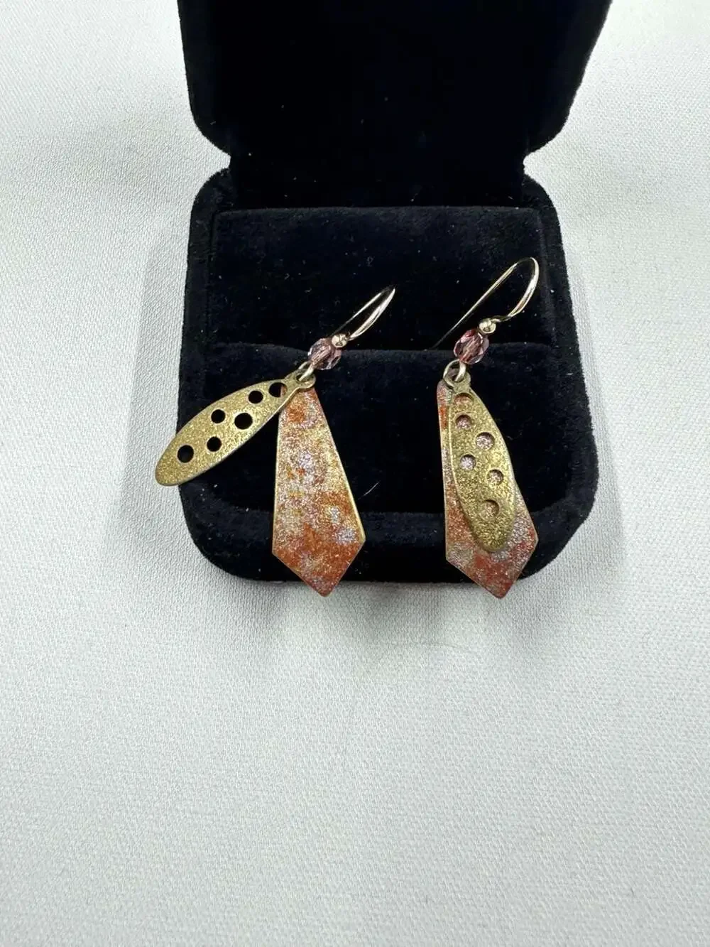 Artisan Brass Boho Dangle Earrings Layered Design with Pink Czech Glass